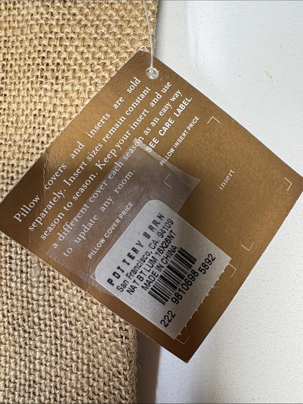 POTTERY BARN Accents New Decorative Button Kenaf Natural Pillow Cover 16